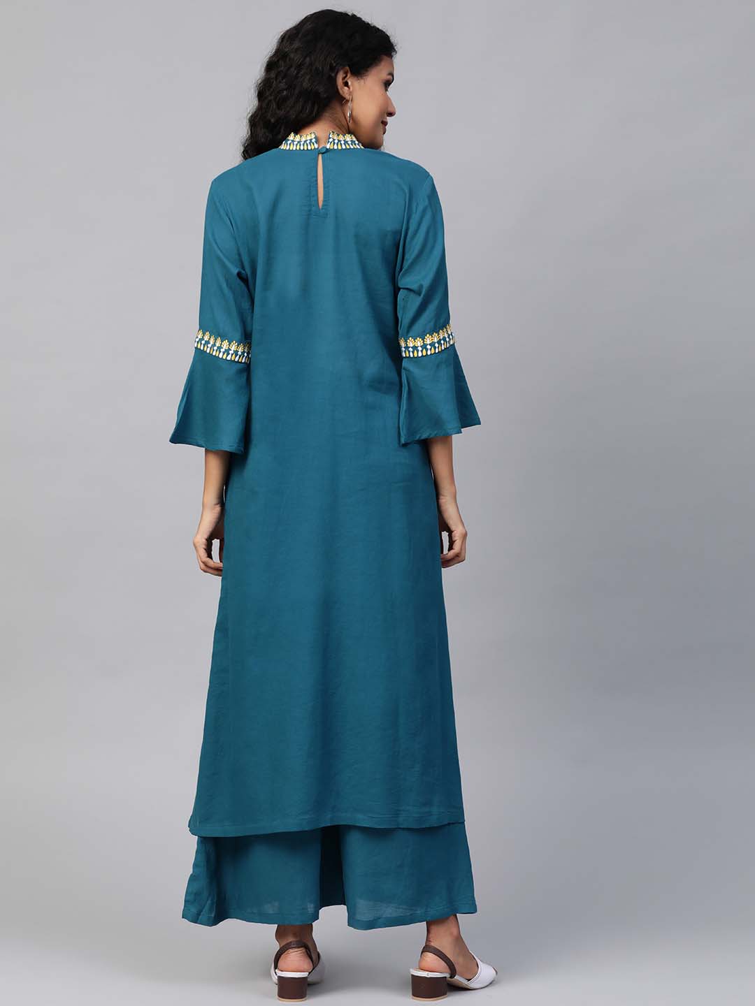 Teal Blue Embroidered A-Line Kurta and palazzo - Set of 2