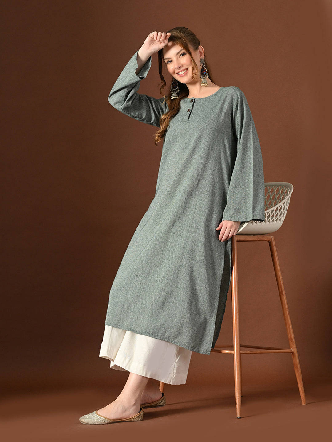 Women Olive Green Cotton Oversized Kurta