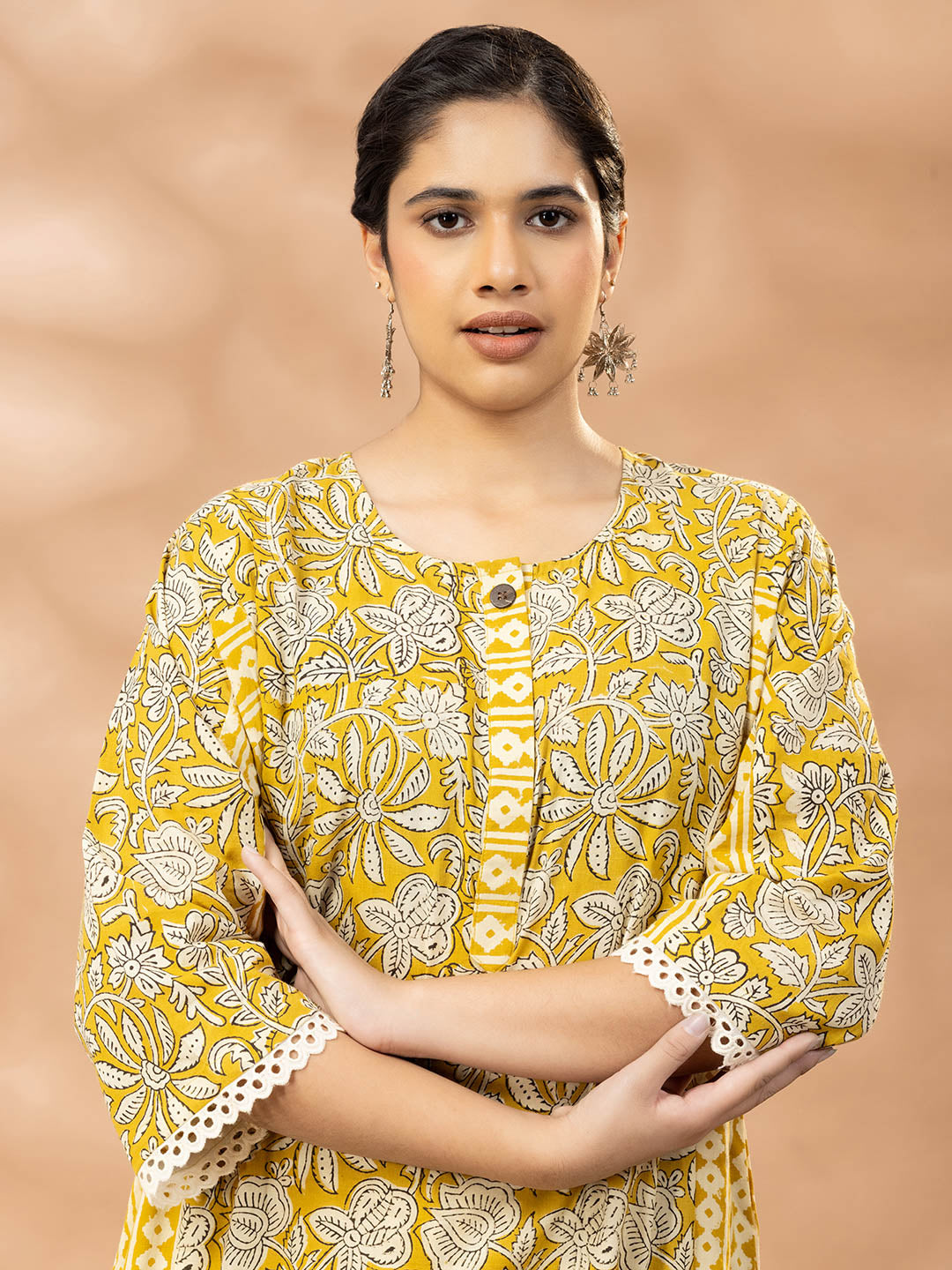 Bagru Yellow and White Floral Panel Lucknowi Cut Kurta set