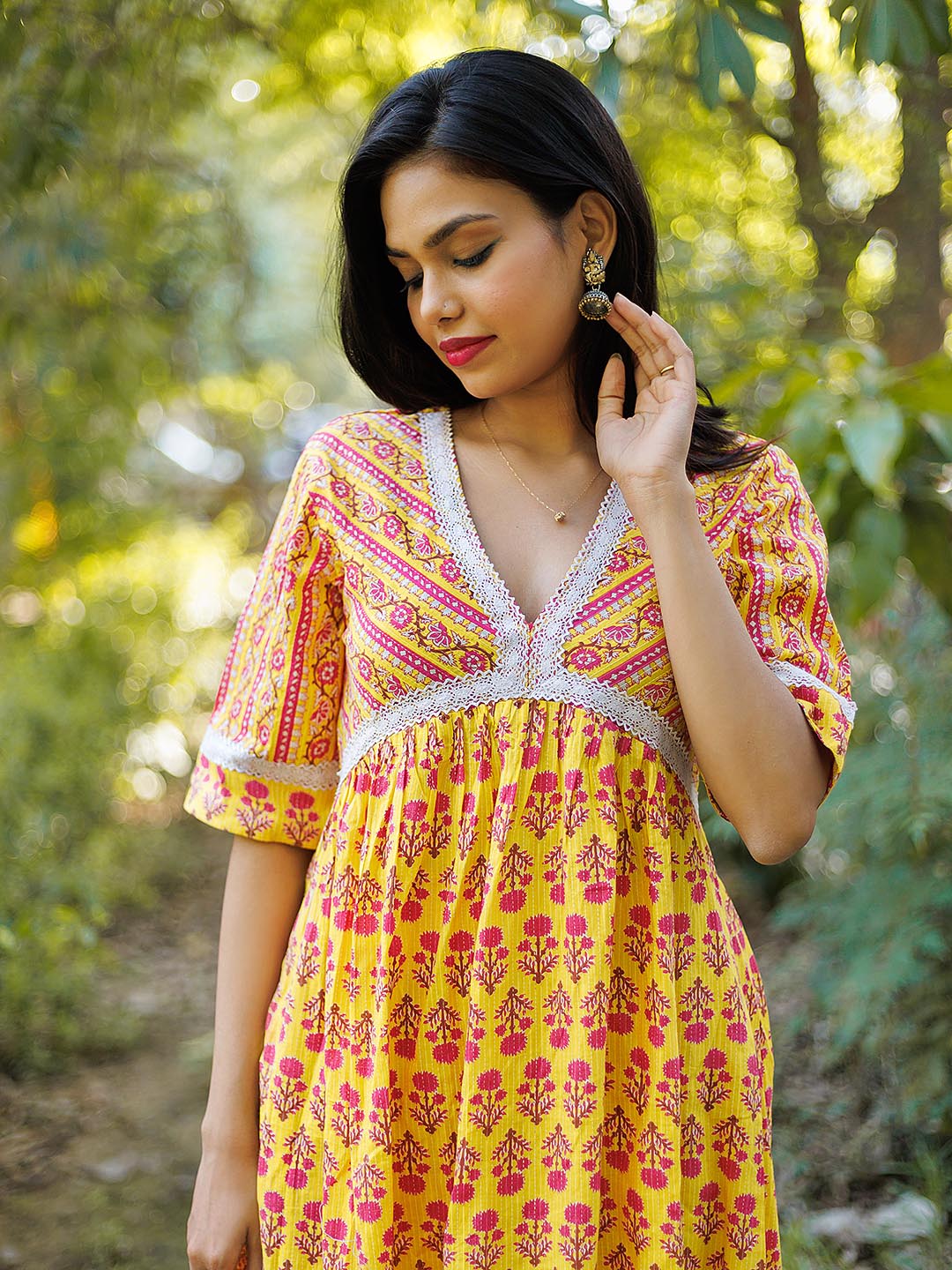 Yellow FLoral Kurta set with Lace Details