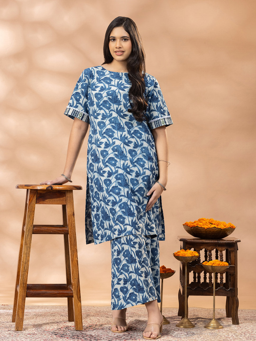 Bagru Indigo Floral Kurta Palazzo Set