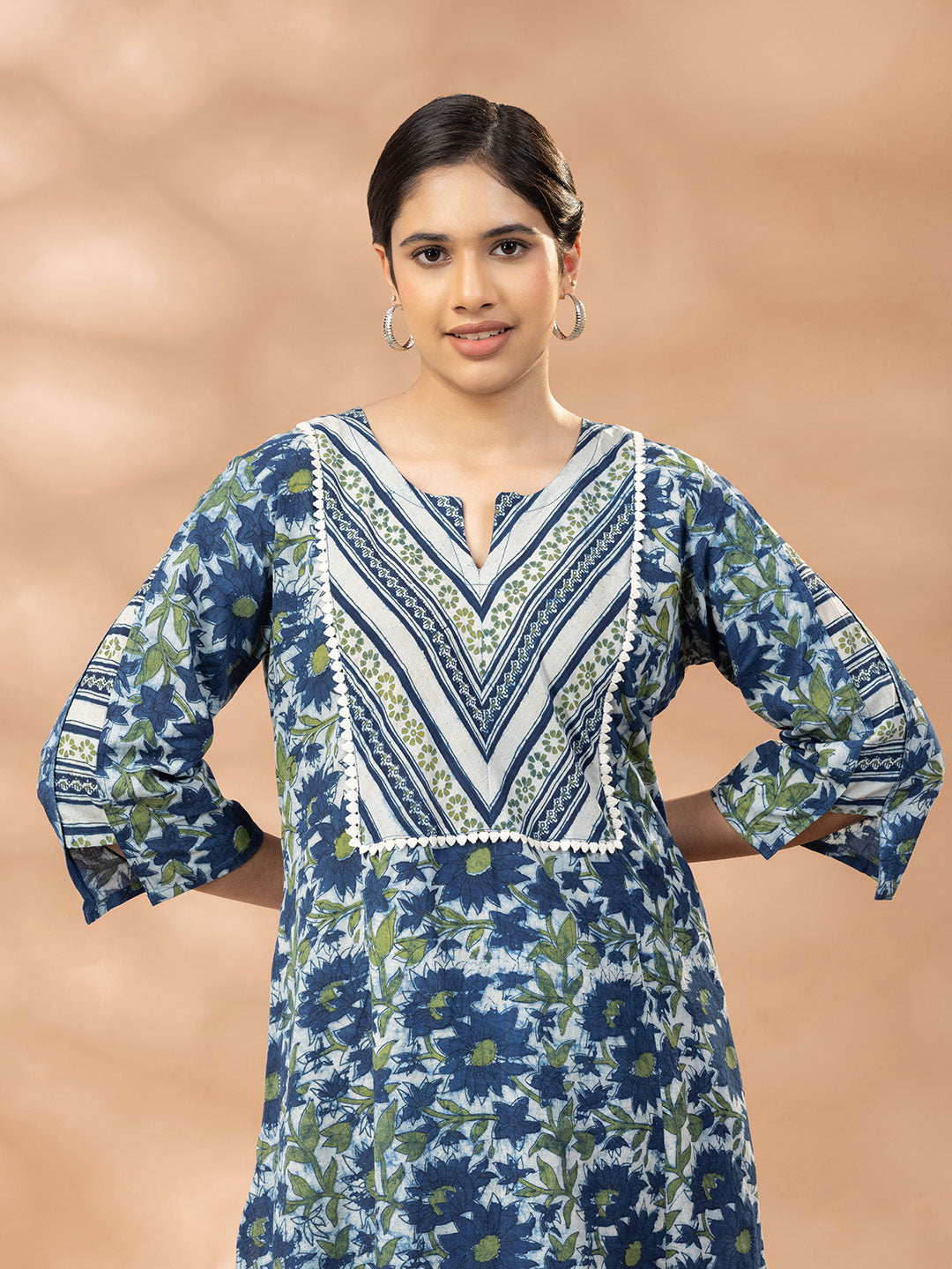 Bagru Indigo Blue and Green Yoke Kurta Palazzo Set