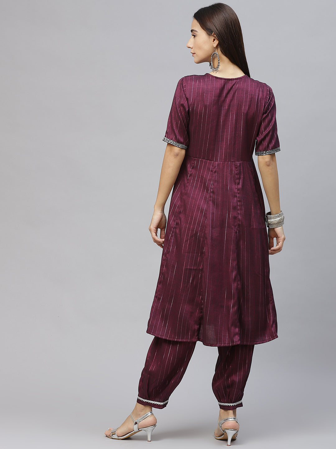 Burgundy & Silver Striped Lurex Angrakha Kurta & Afghan Salwar