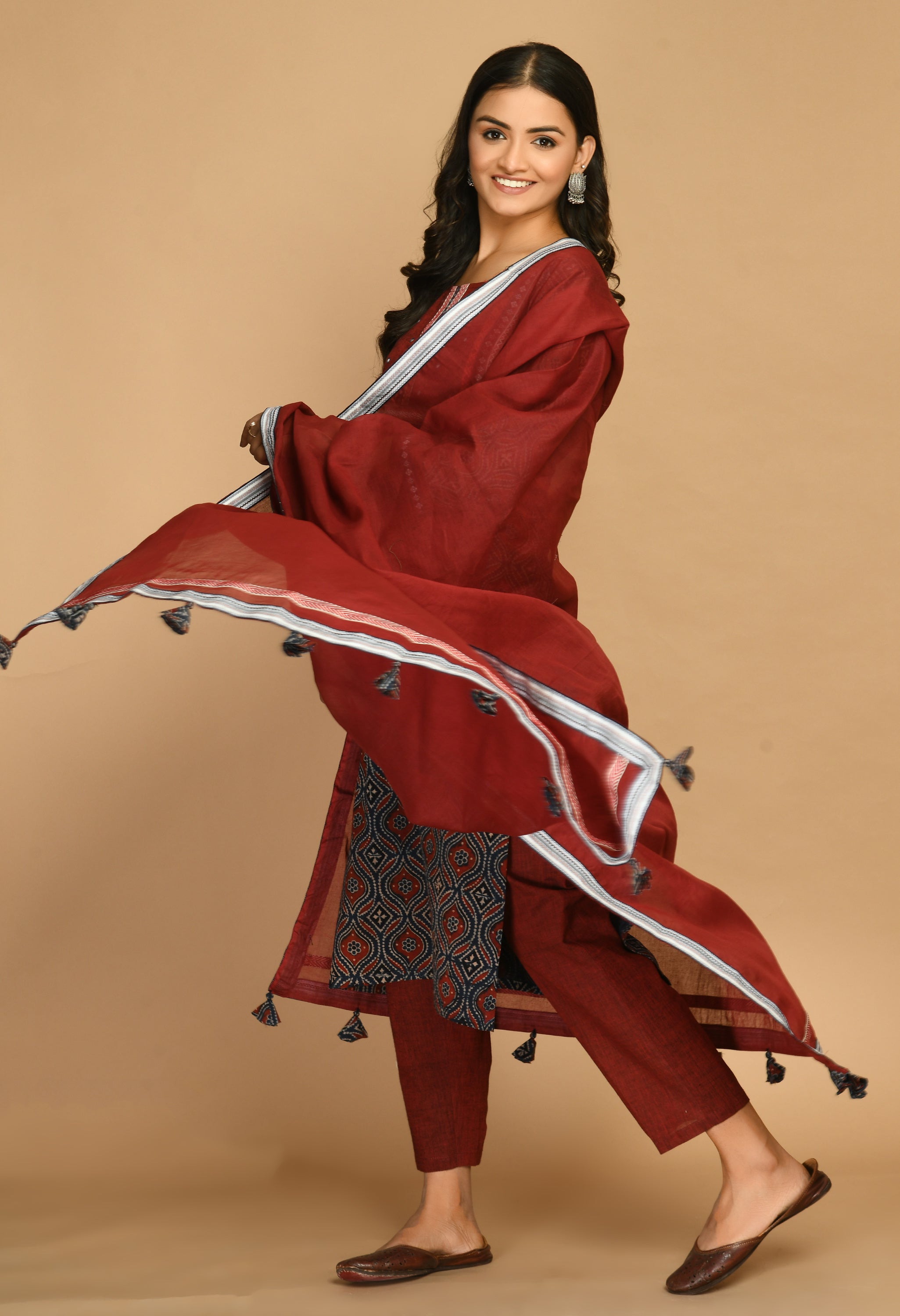 Blue Ajrakh Kurta With Handloom Pants And Dupatta