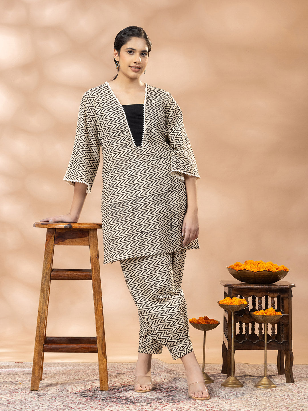 Black and Beige Zig Zag Bagru Print Kurta set