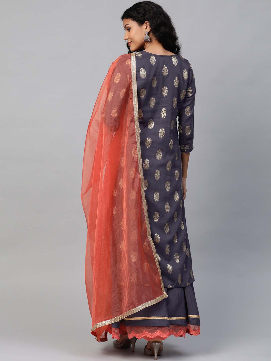 Grey Embroidered Kurta With Cotton Kalidar Skirt And Organza Dupatta - Set of 3