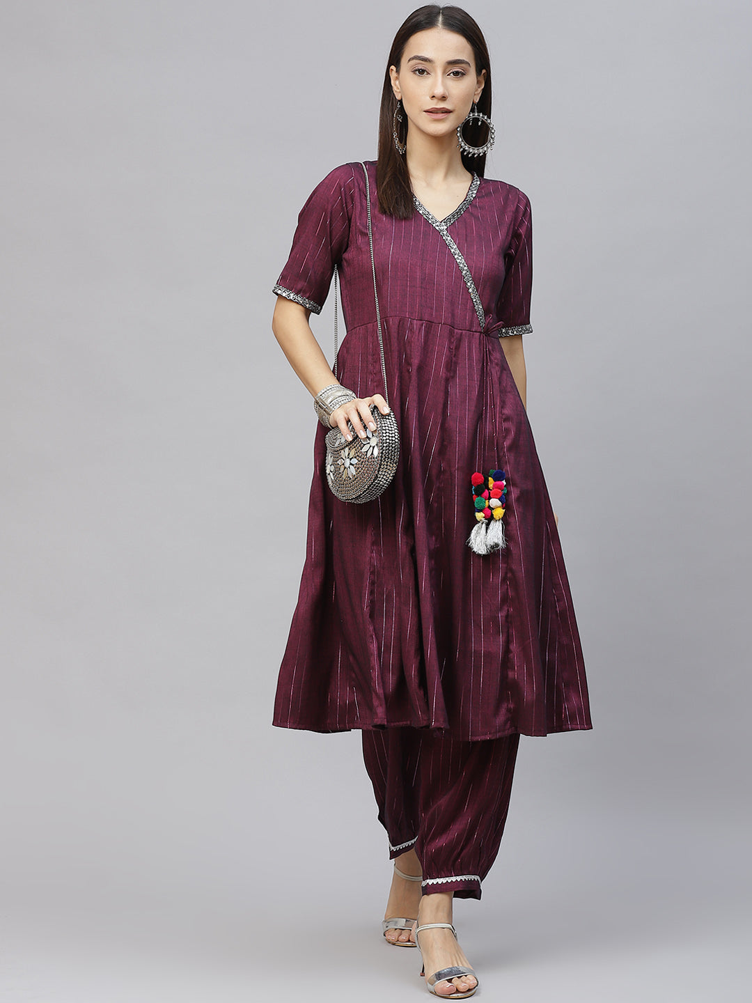 Burgundy & Silver Striped Lurex Angrakha Kurta & Afghan Salwar