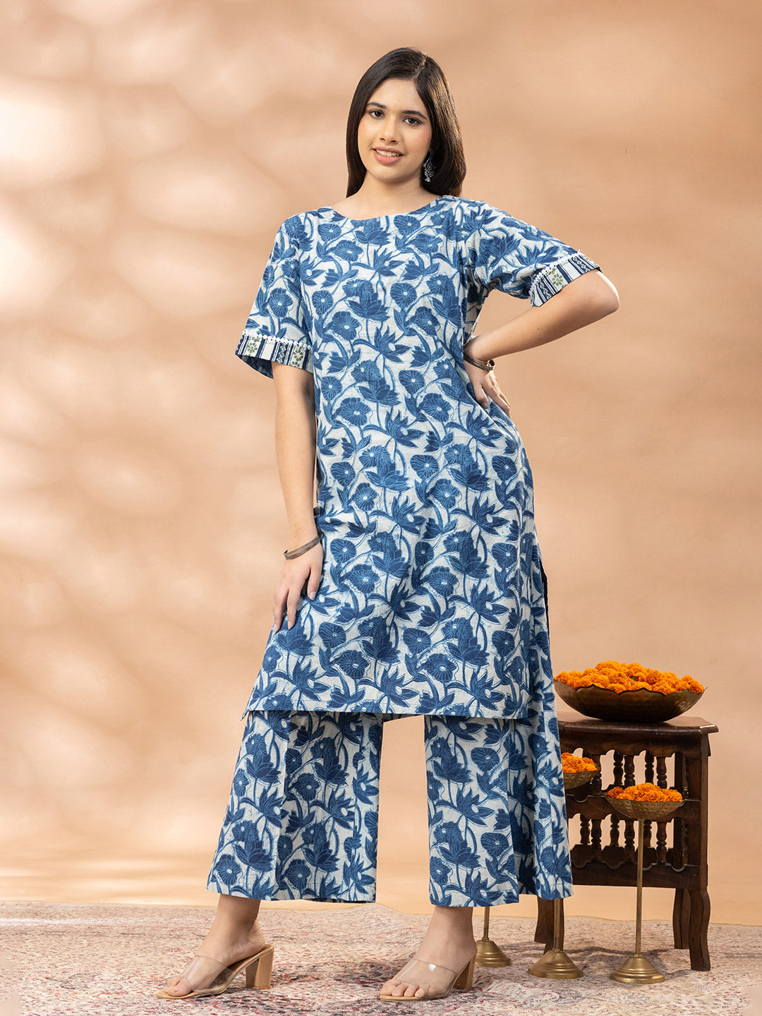 Bagru Indigo Floral Kurta Palazzo Set