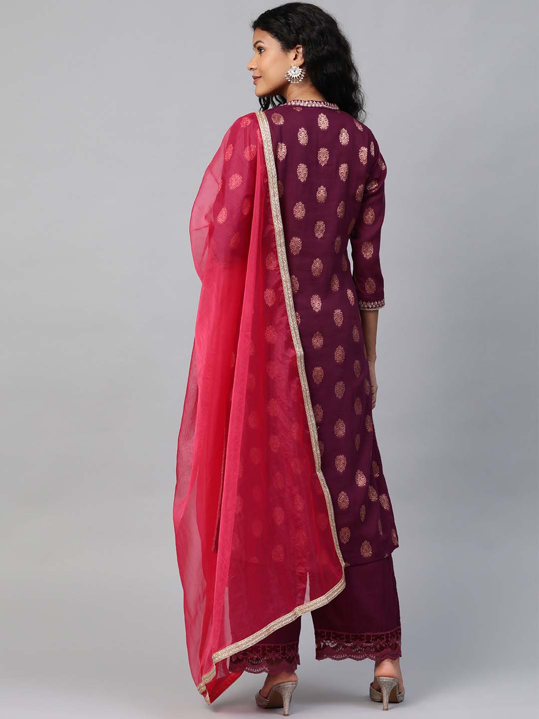 Rani Pink Embroidered Kurta With Palazzo And Organza Dupatta - Set of 3