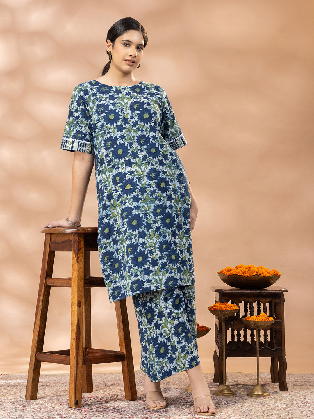 Bagru Indigo Blue and Green floral Round Neck Kurta Set