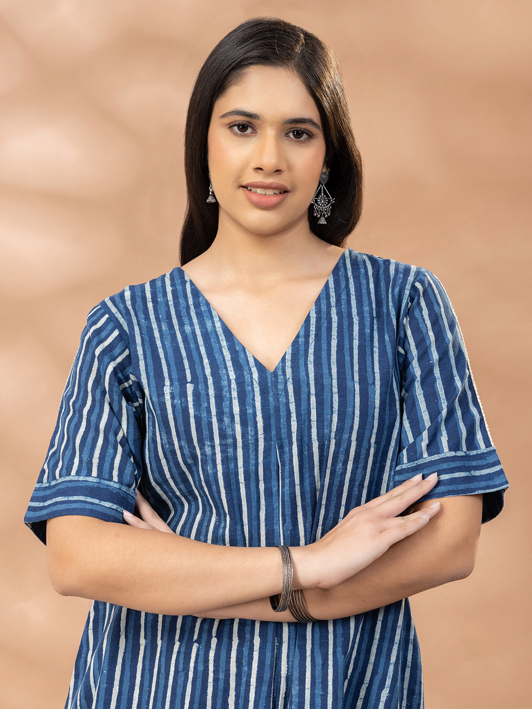 Bagru Indigo Striped V Neck Kurta Set