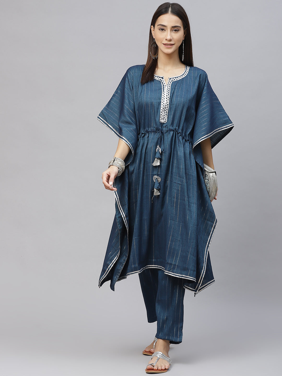 Teal Blue & Silver Striped Lurex Pleated Kaftan Kurta & Palazzos