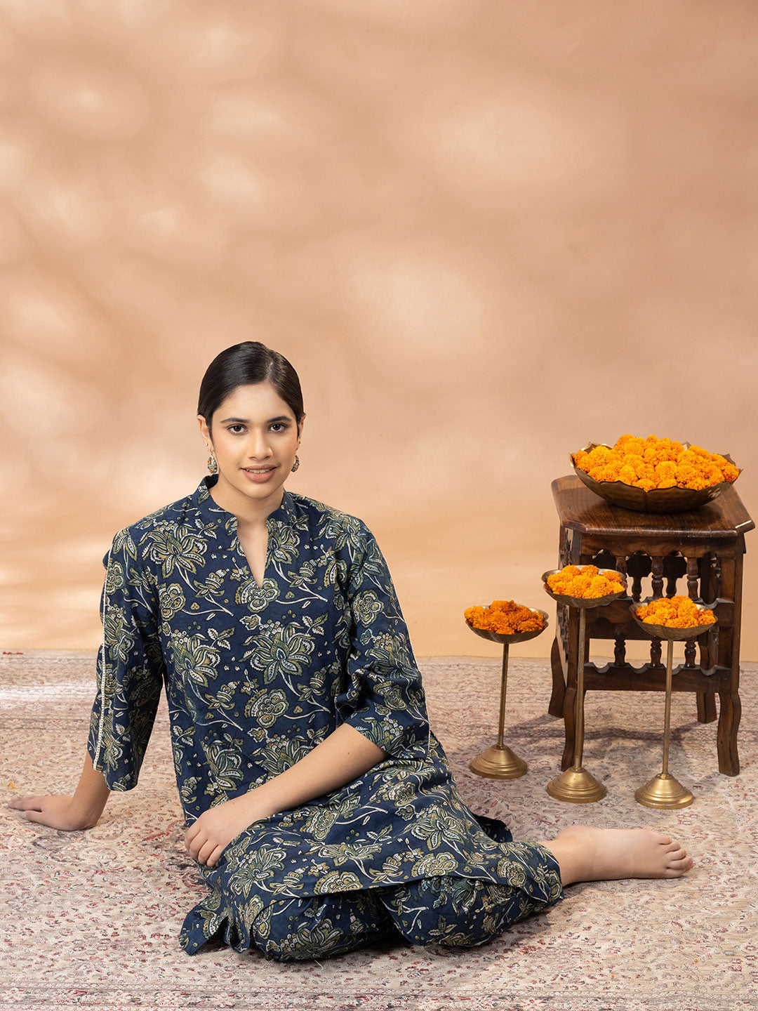 Indigo Ajrakh Mandrin Neck Kurta Salwar Set