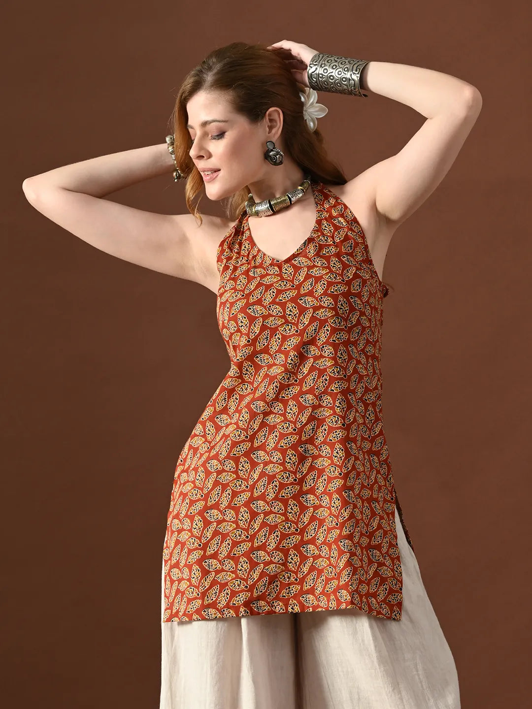 Women Saloni Halter Neck Backless Kurti With Smocking Details