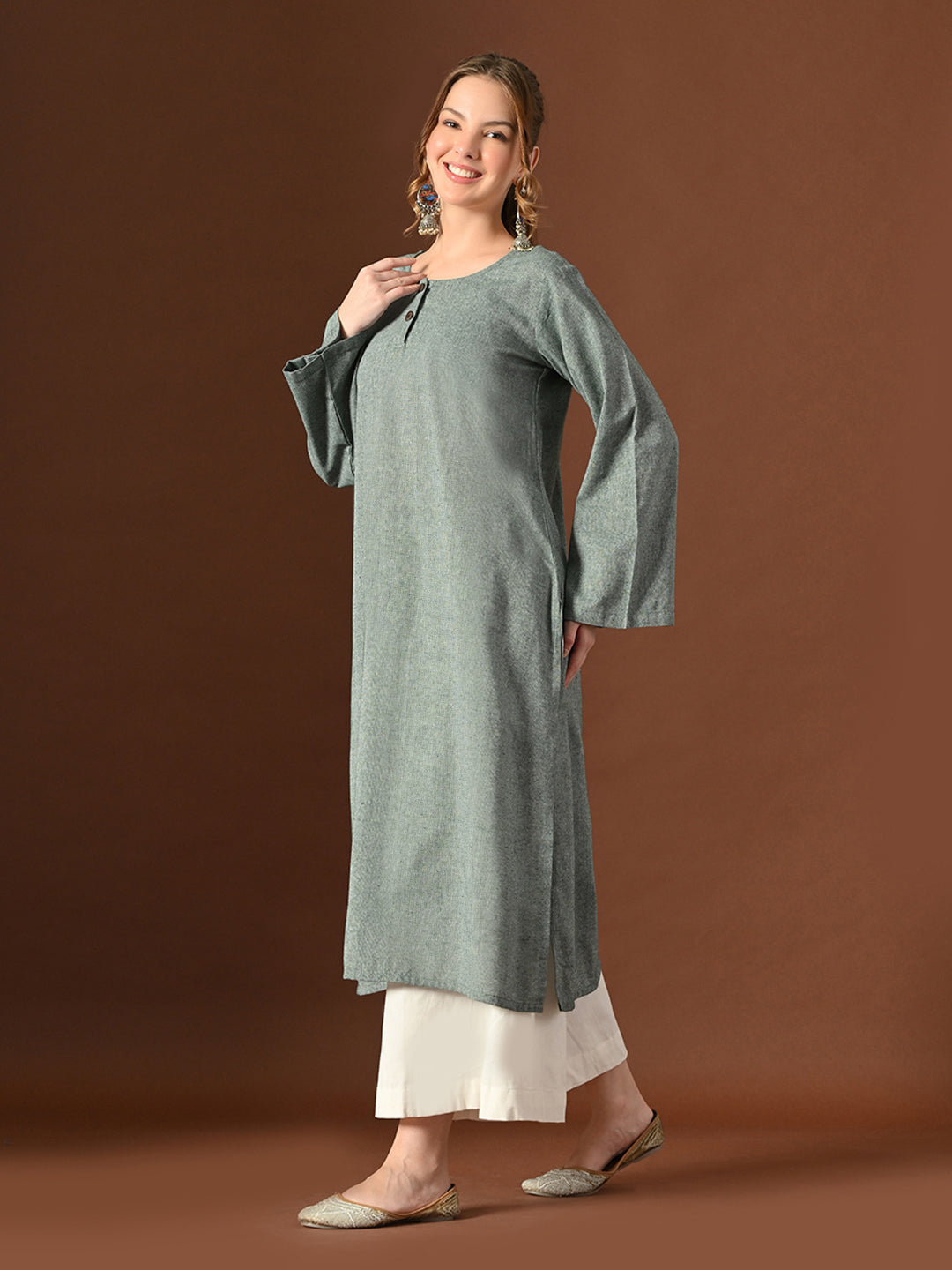Women Olive Green Cotton Oversized Kurta