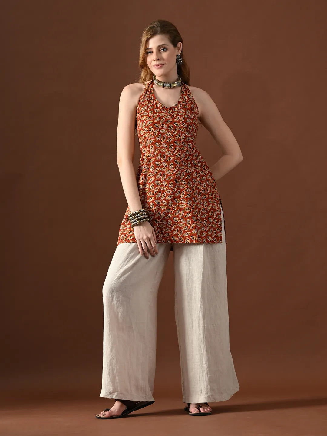 Women Saloni Halter Neck Backless Kurti With Smocking Details