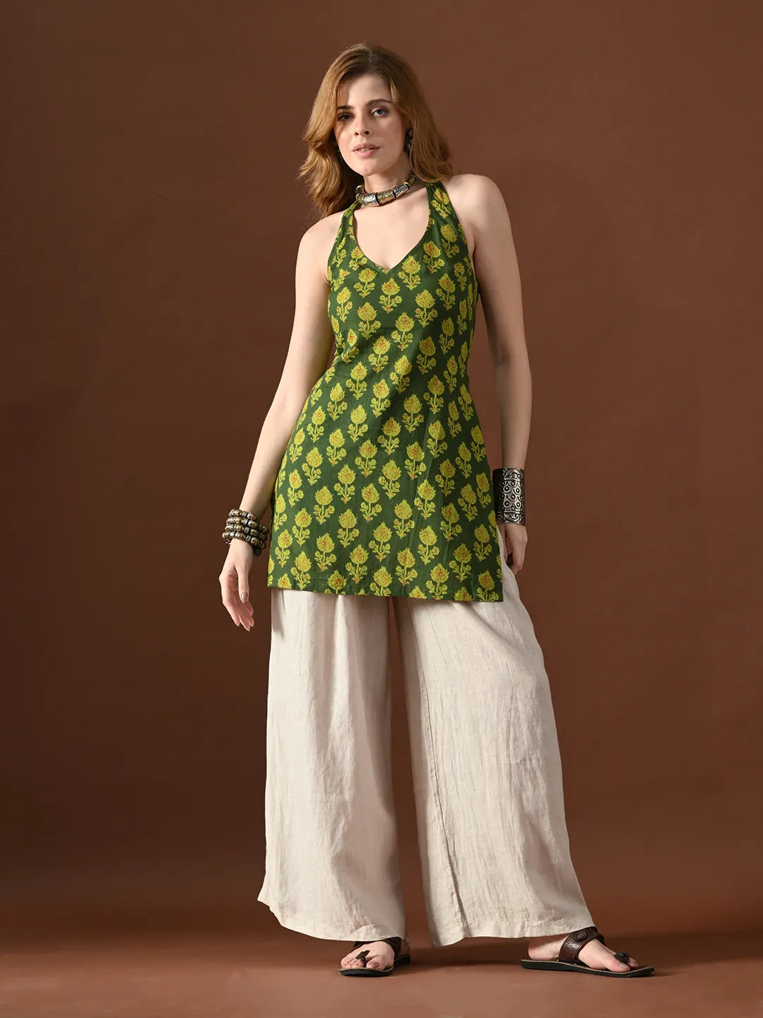 Women Nimra Halter Neck Backless Kurti With Smocking Details