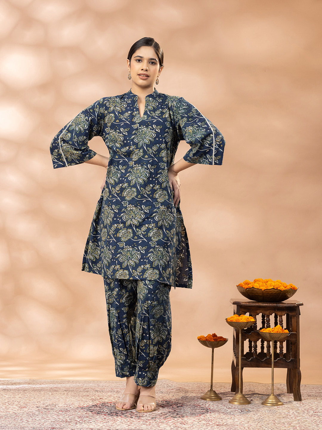 Indigo Ajrakh Mandrin Neck Kurta Salwar Set