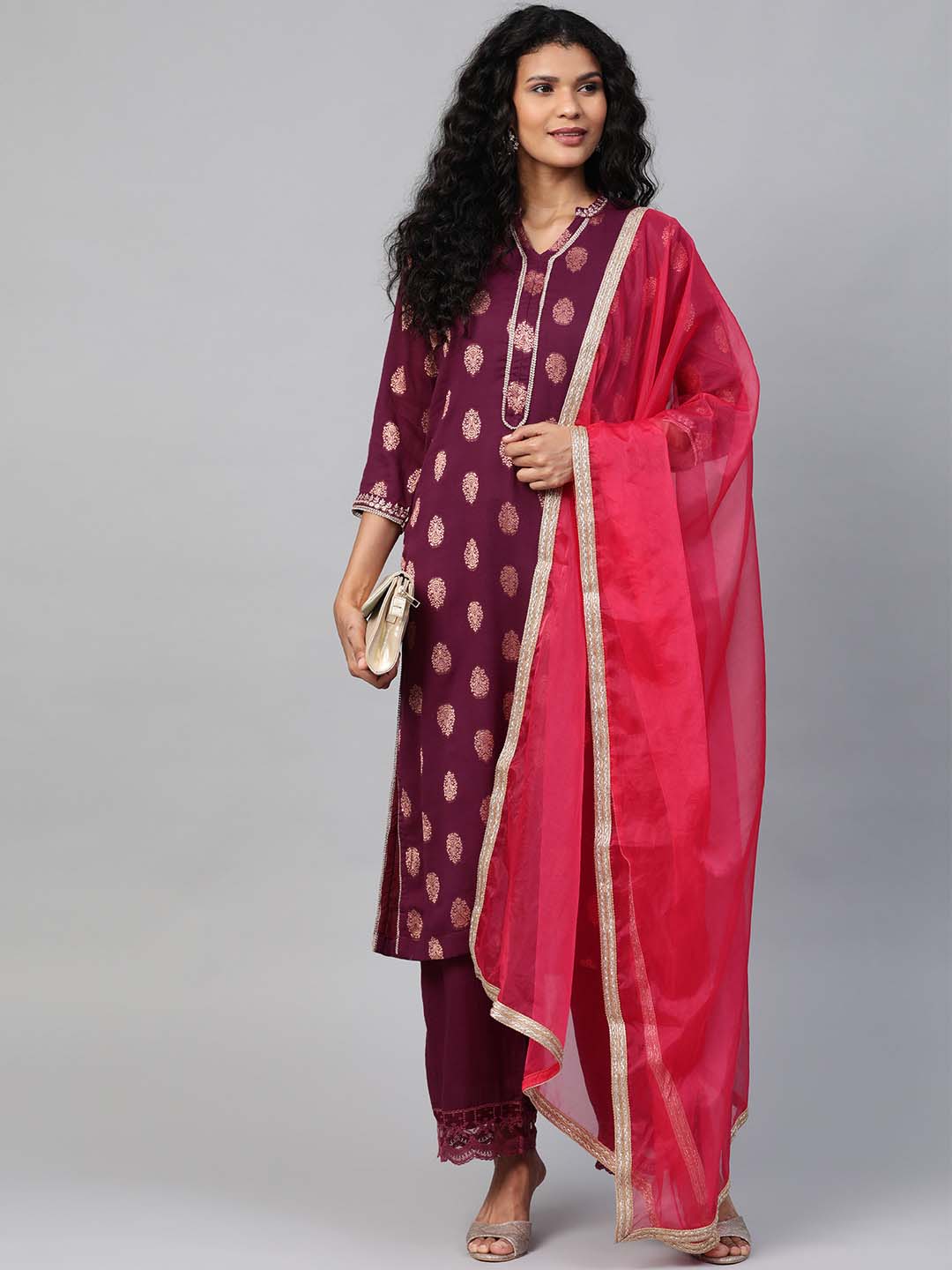 Rani Pink Embroidered Kurta With Palazzo And Organza Dupatta - Set of 3