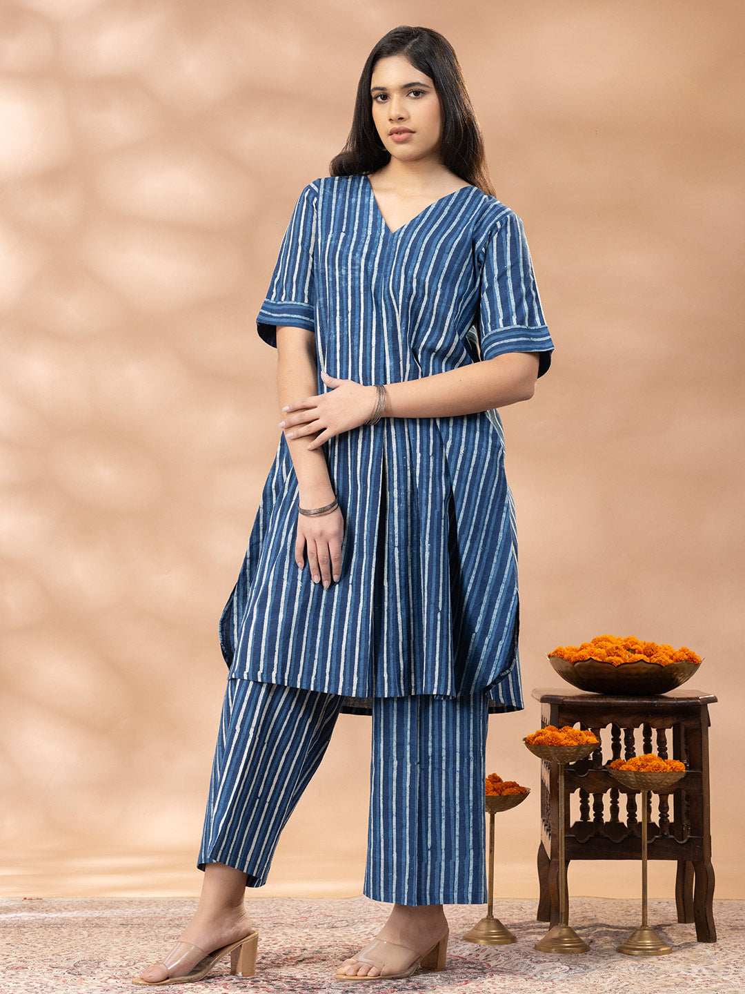 Bagru Indigo Striped V Neck Kurta Set