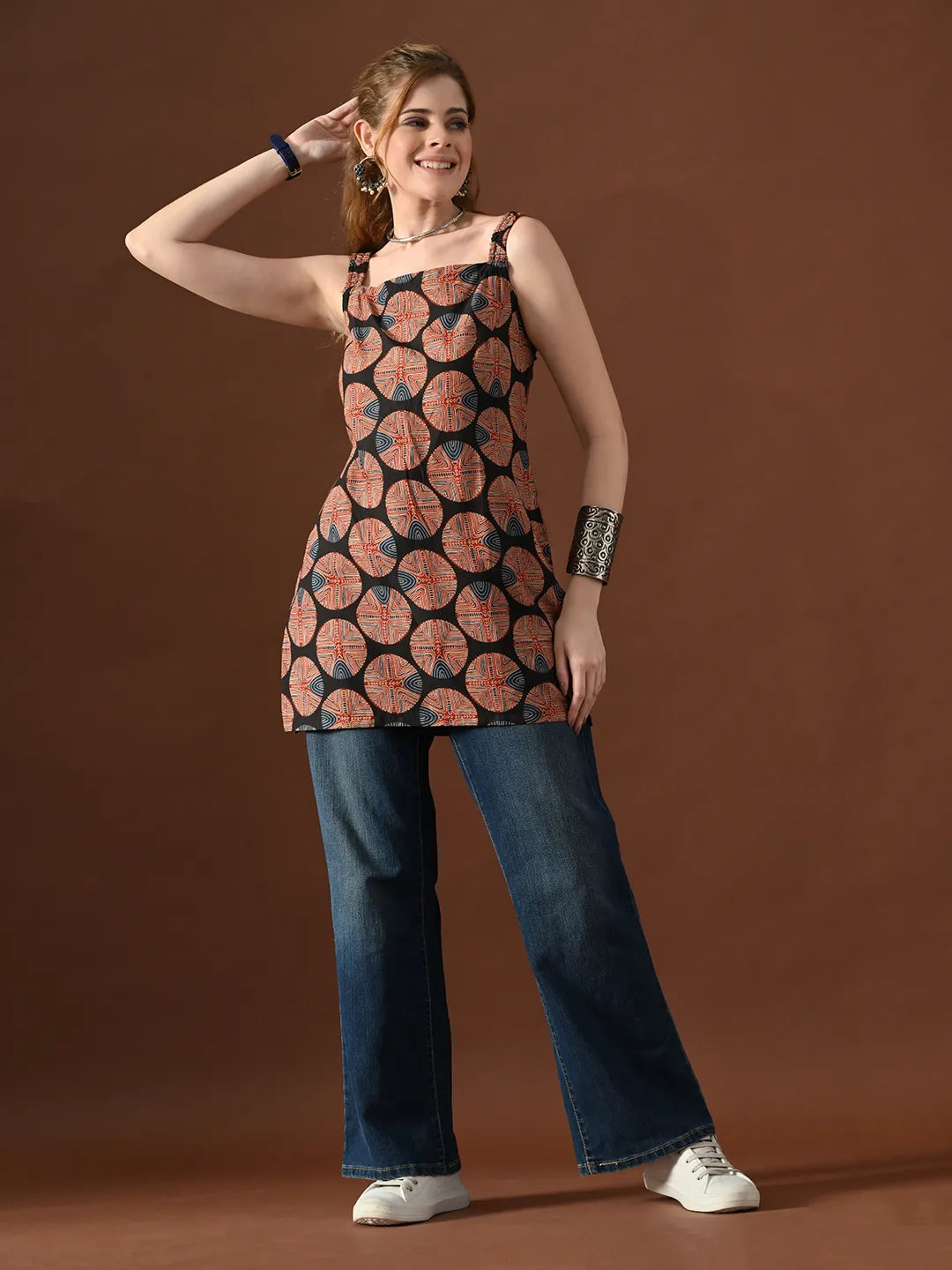 Women Geometrical Print Tisca Backless Kurti