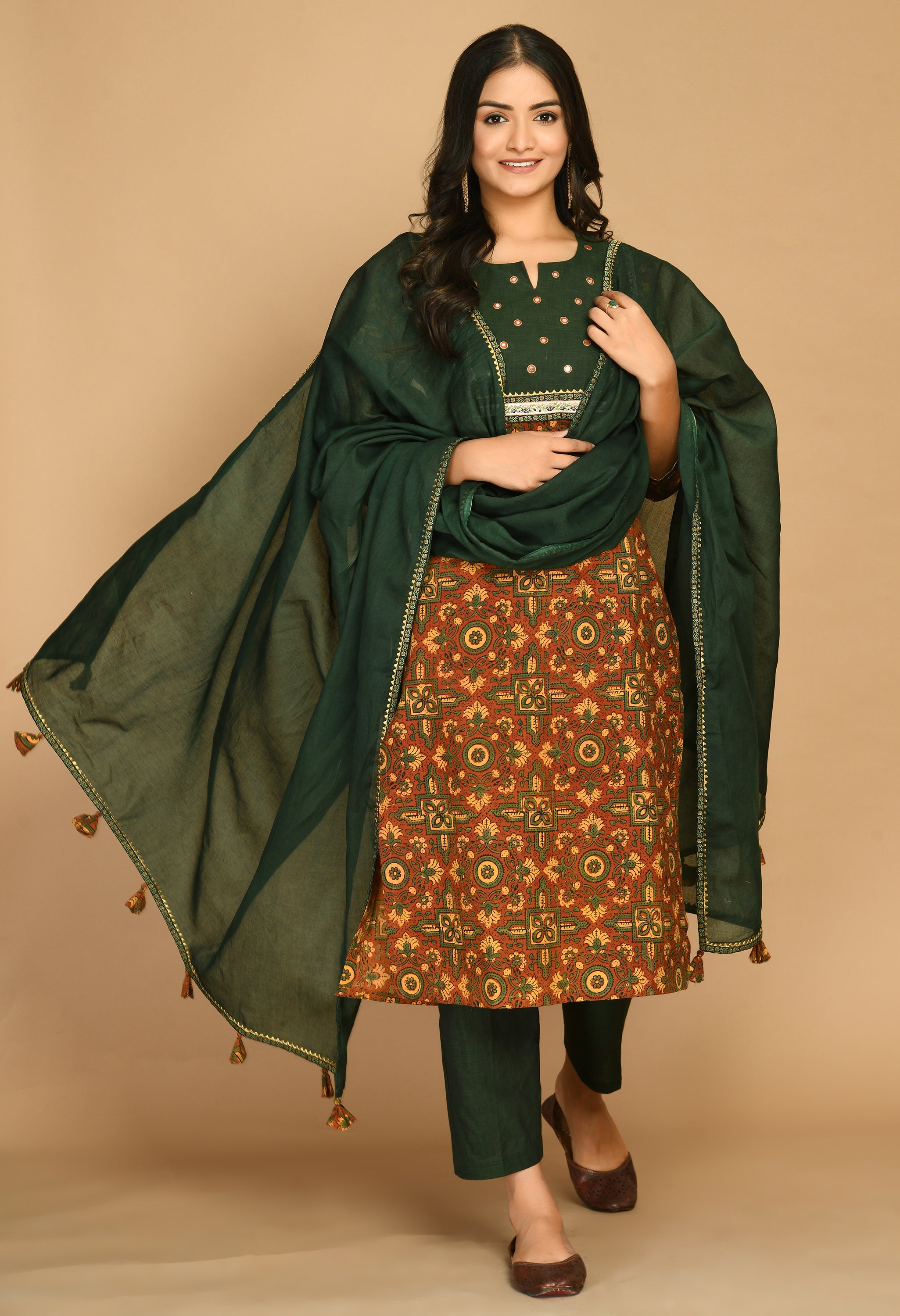 Rust Ajrakh Kurta Set with Handloom Pants