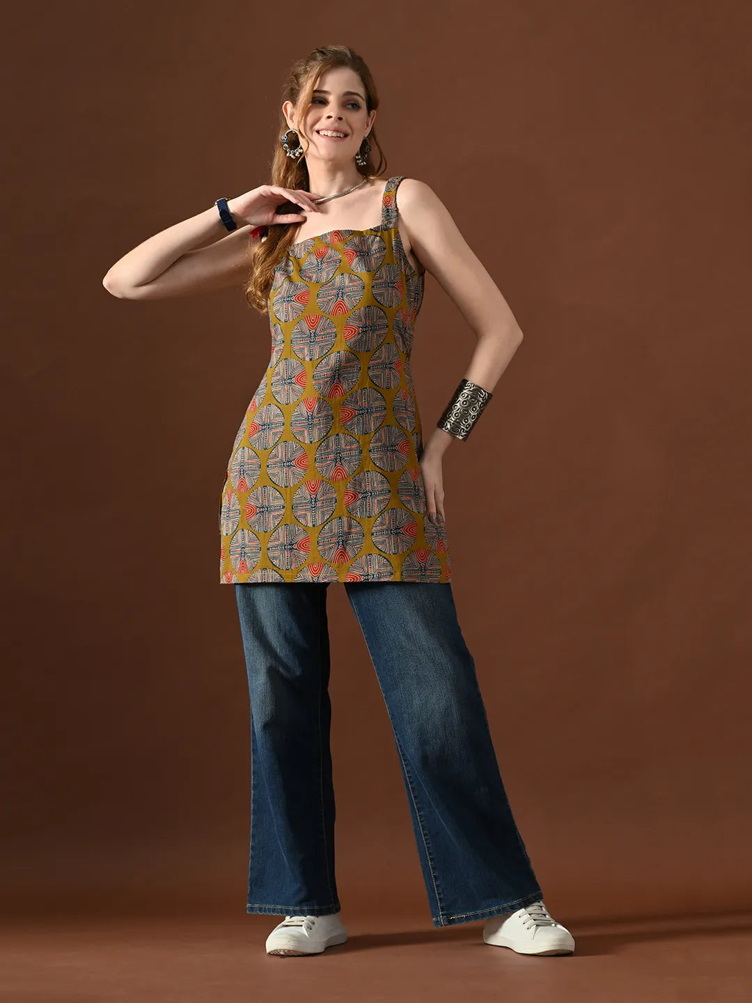 Women Geometrical Print Tisca Backless Kurti