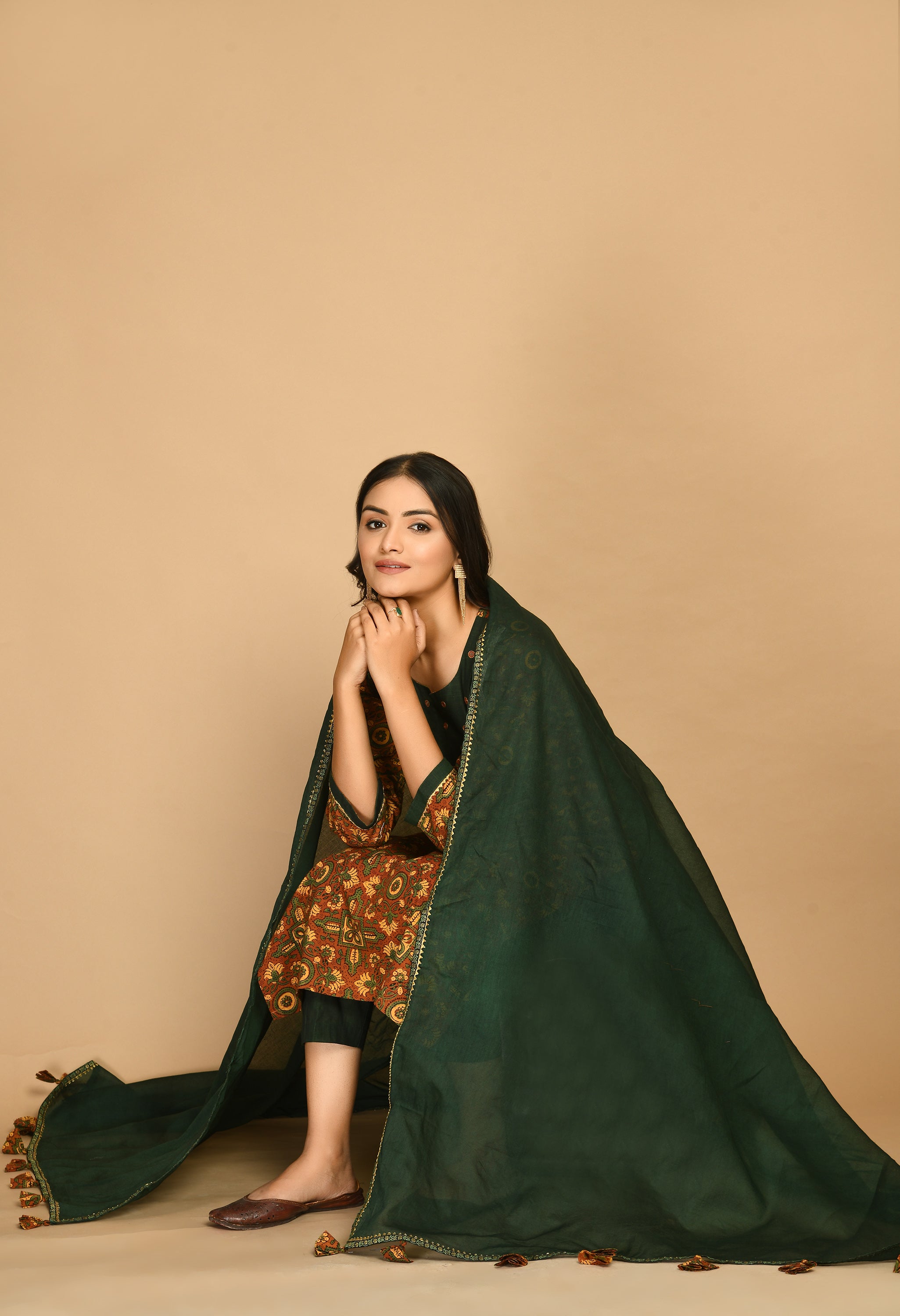 Rust Ajrakh Kurta Set with Handloom Pants