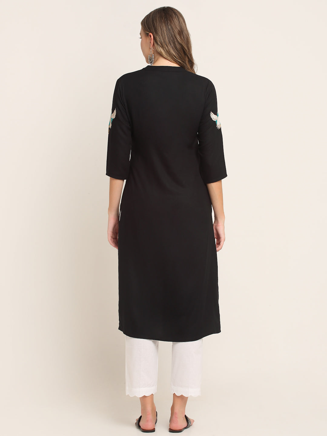 Women Rayon Black Embroidered Kurta