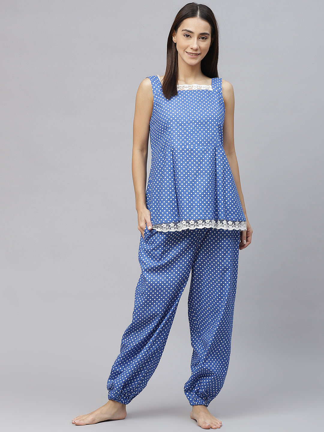 Women Blue & White Polka Dot Print Lace Inserts Cotton Pyjama Set