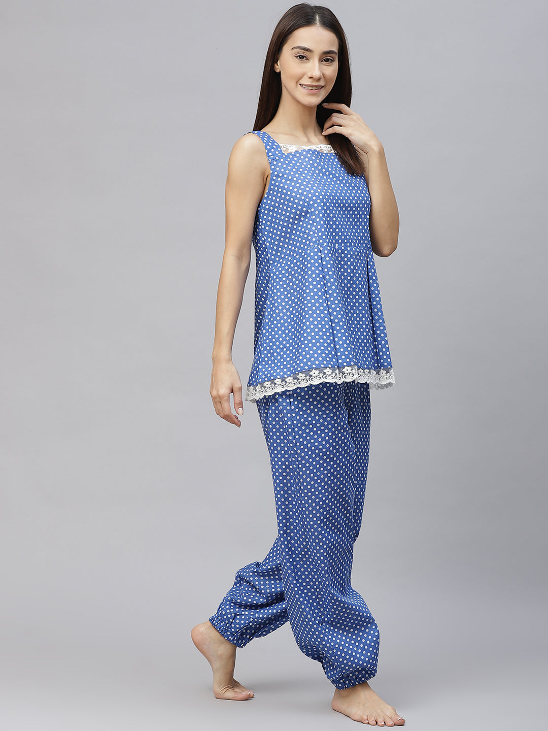 Women Blue & White Polka Dot Print Lace Inserts Cotton Pyjama Set