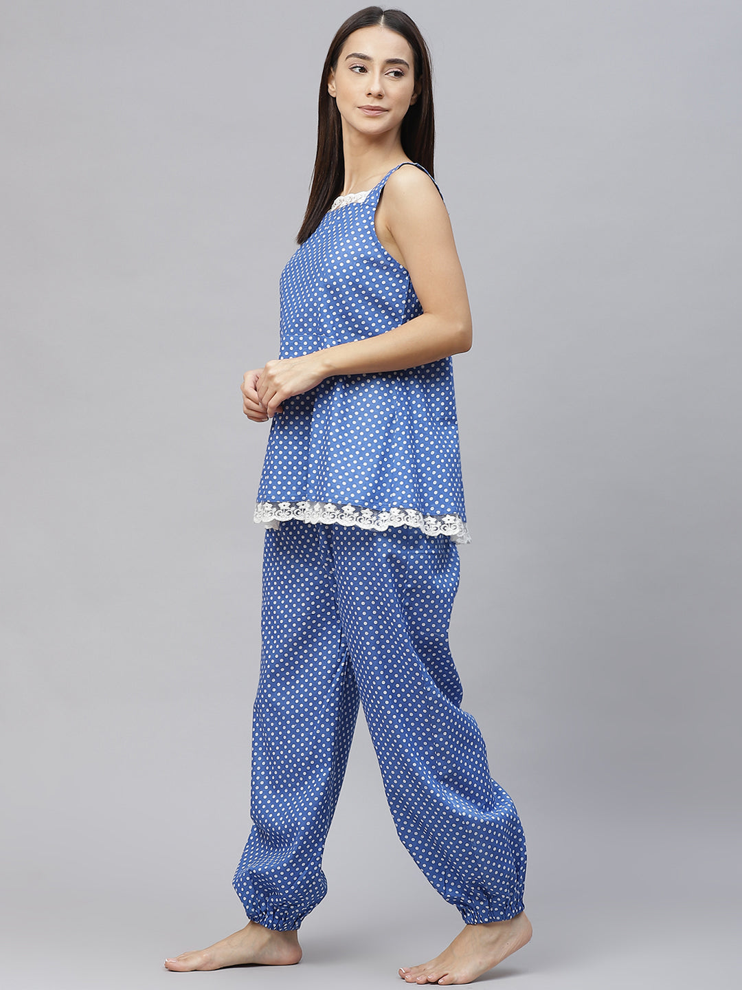 Women Blue & White Polka Dot Print Lace Inserts Cotton Pyjama Set