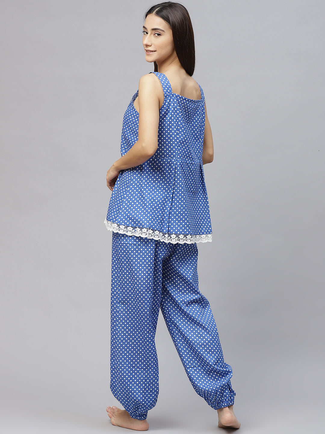 Women Blue & White Polka Dot Print Lace Inserts Cotton Pyjama Set