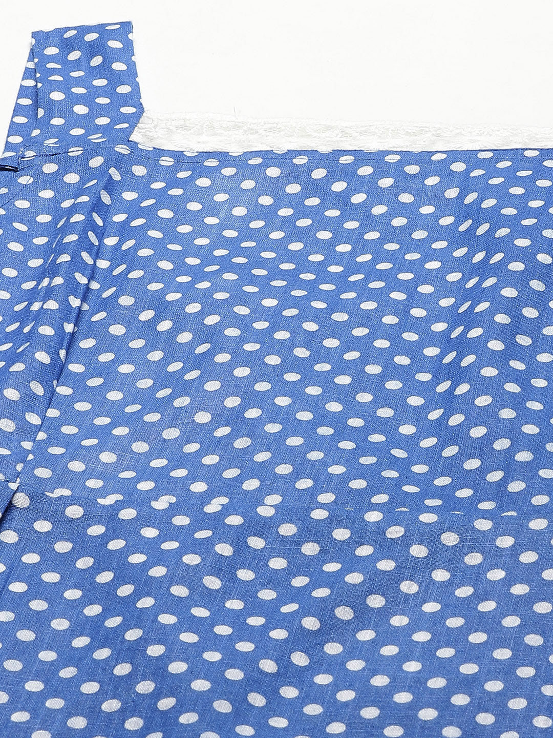 Women Blue & White Polka Dot Print Lace Inserts Cotton Pyjama Set