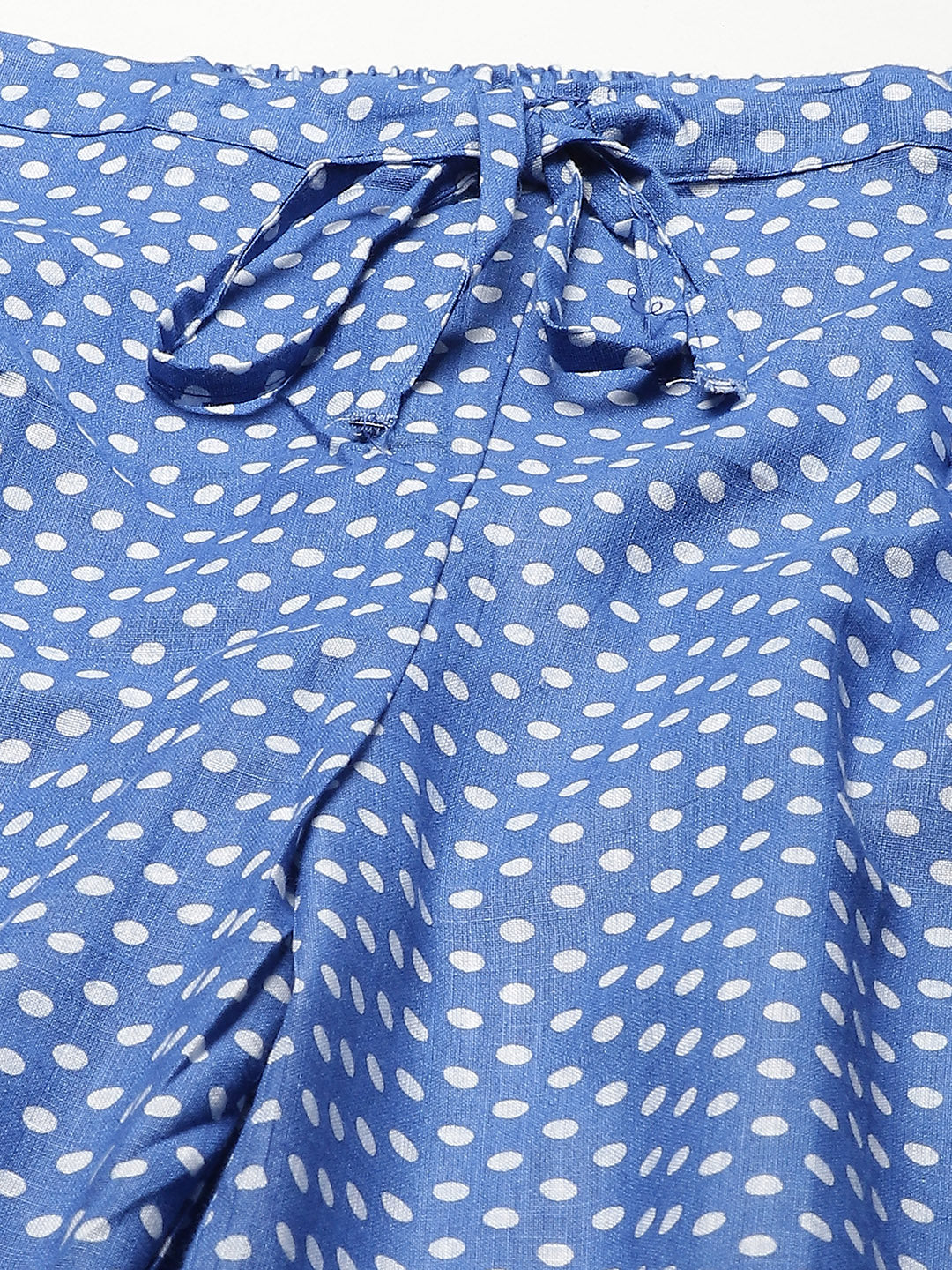 Women Blue & White Polka Dot Print Lace Inserts Cotton Pyjama Set