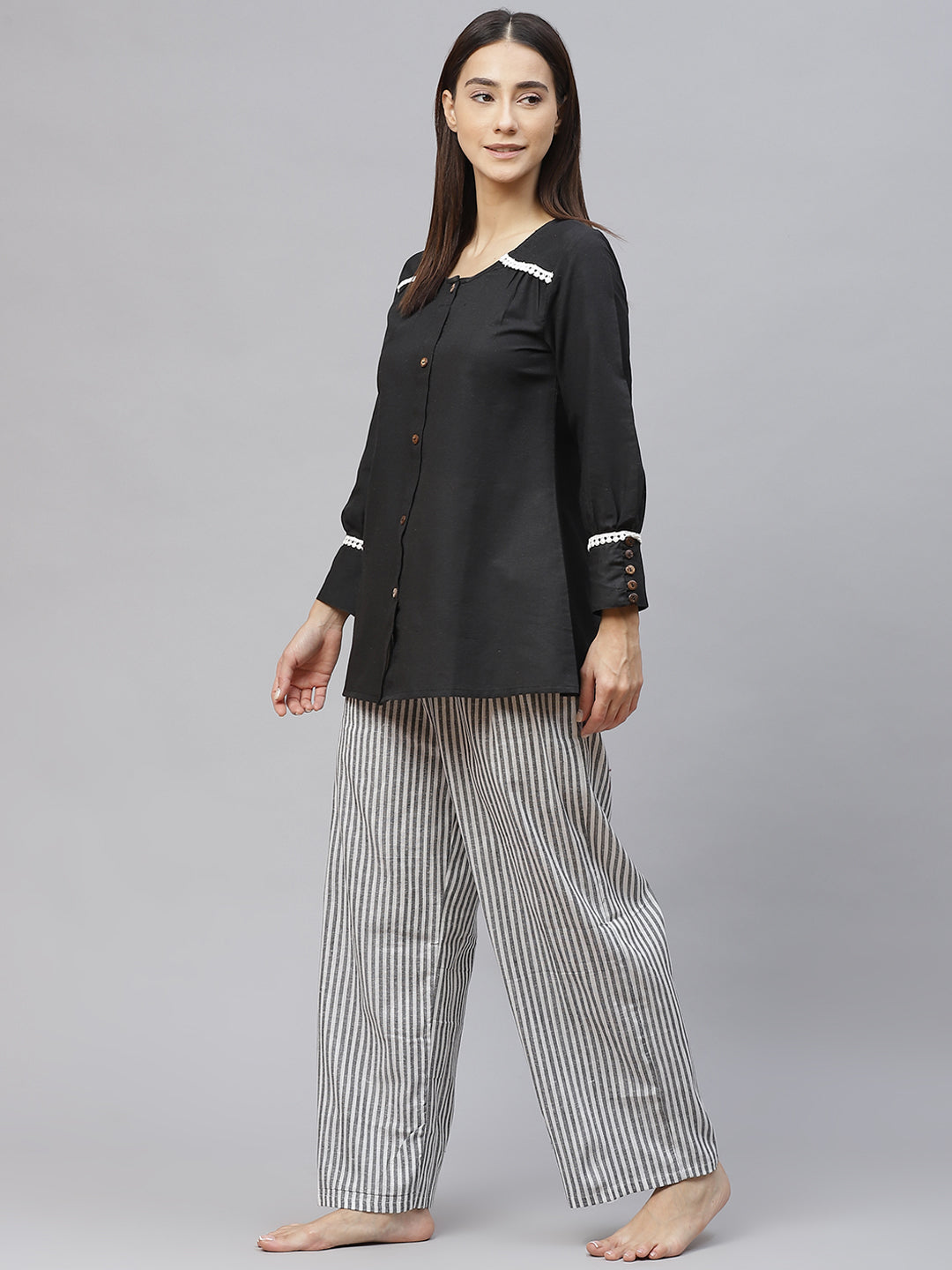 Women Black & White Solid Cotton Lace Inserts Pyjama Set