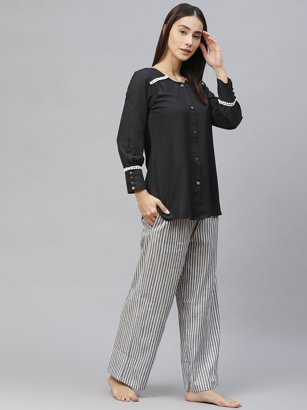Women Black & White Solid Cotton Lace Inserts Pyjama Set