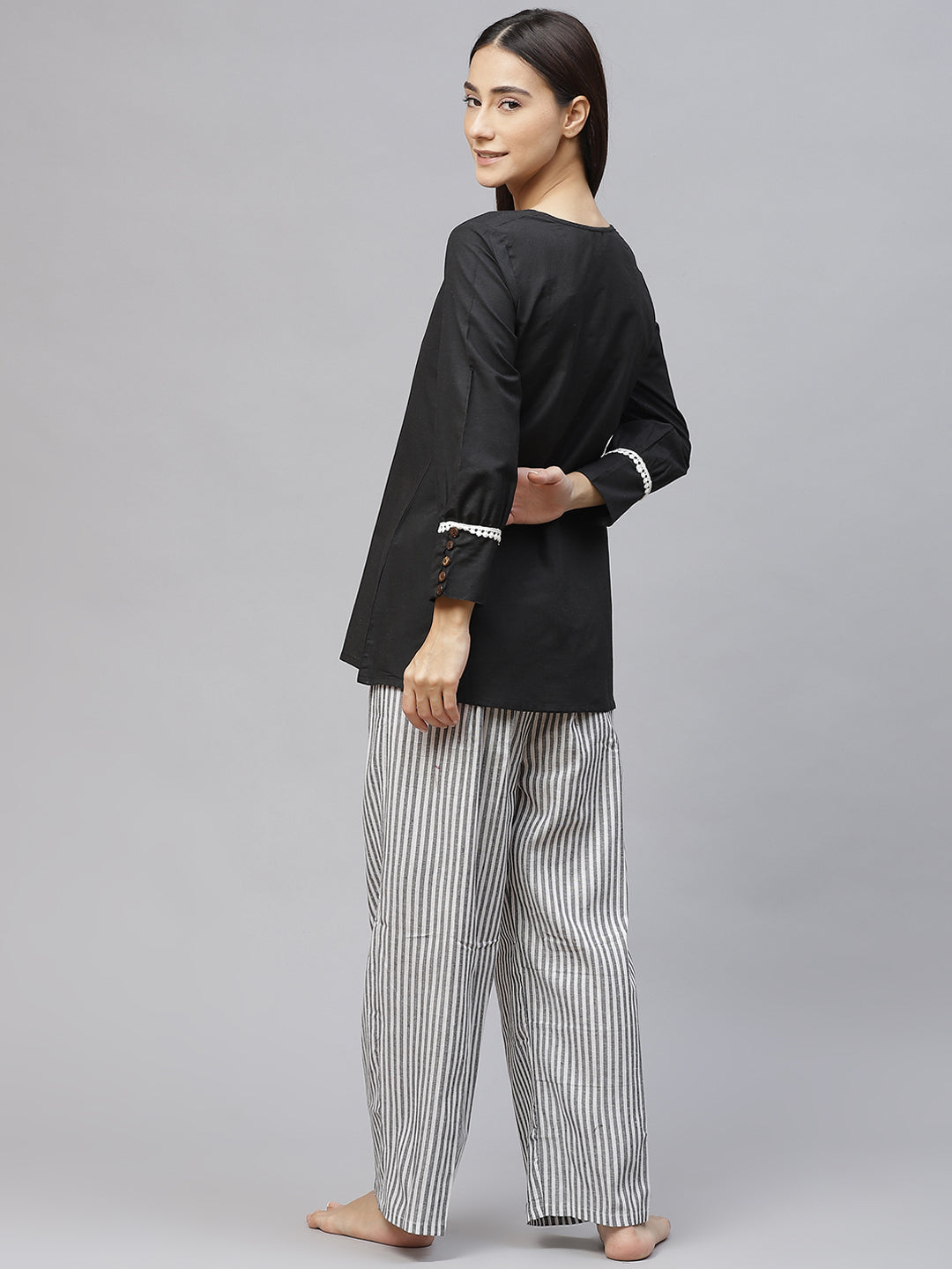 Women Black & White Solid Cotton Lace Inserts Pyjama Set