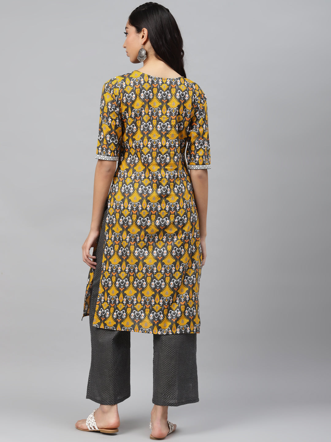 Women Grey & Yellow Printed Pure Cotton Kurta with Palazzos
