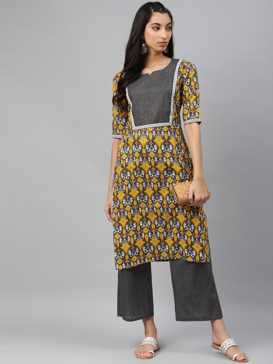 Women Grey & Yellow Printed Pure Cotton Kurta with Palazzos