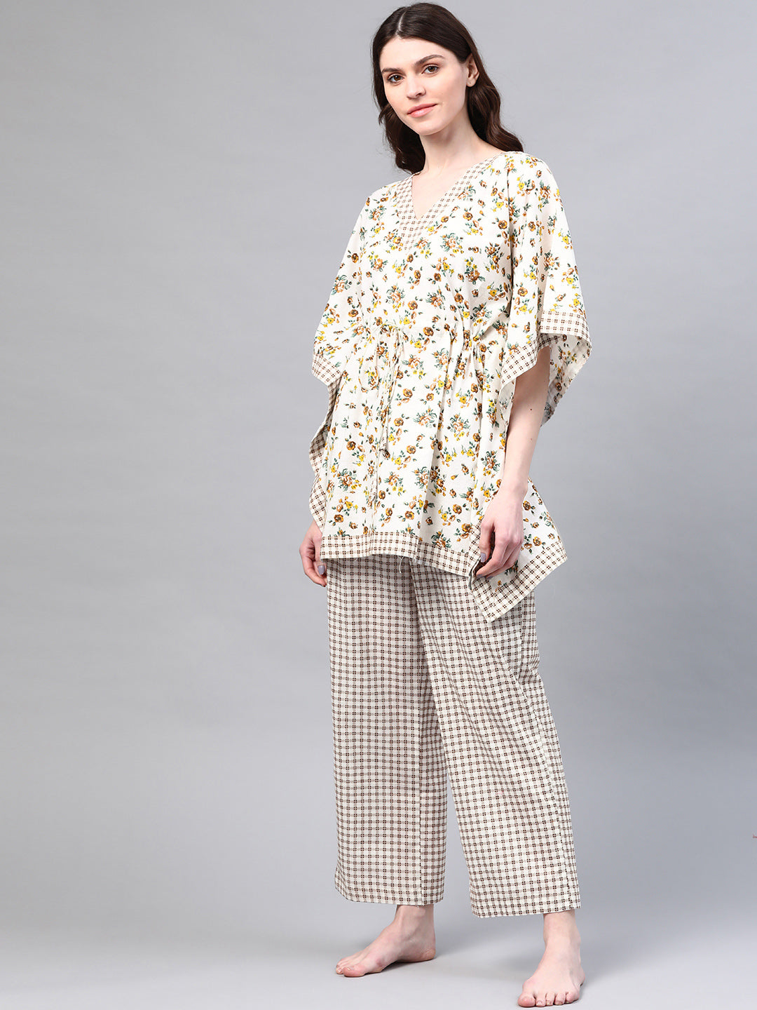 Off-White & Brown Floral Print Pure Cotton Kaftan Night Suit