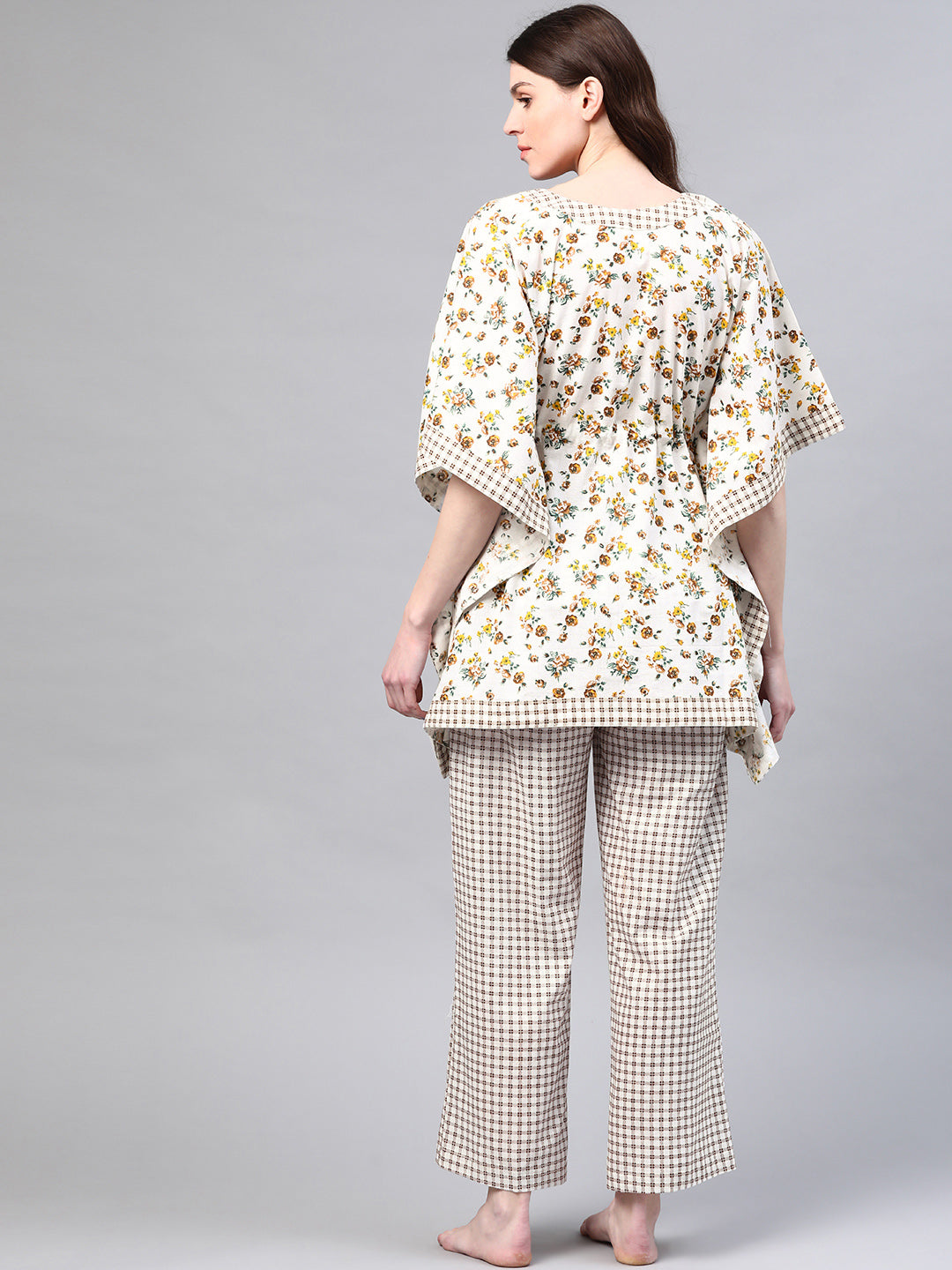 Off-White & Brown Floral Print Pure Cotton Kaftan Night Suit