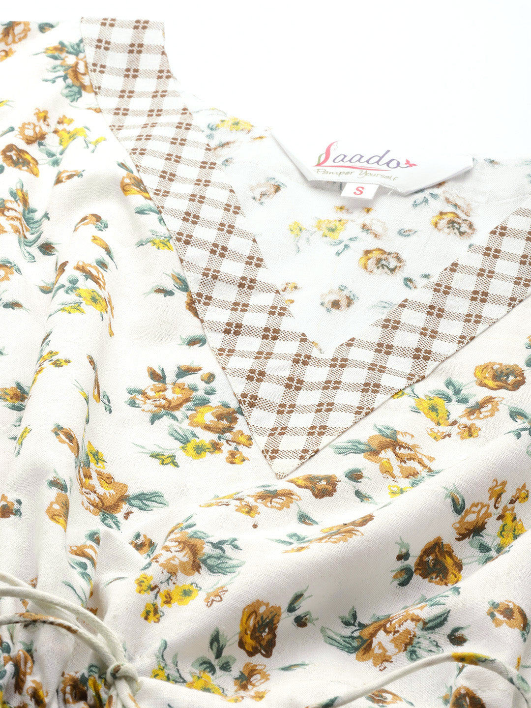 Off-White & Brown Floral Print Pure Cotton Kaftan Night Suit