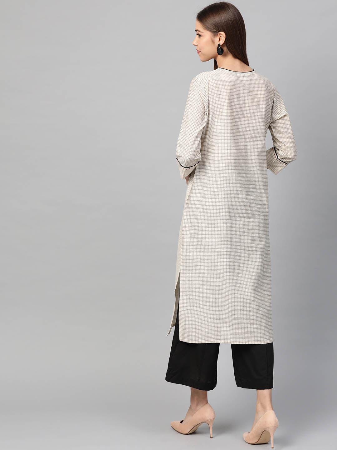 Cream-Coloured & Black Self-Striped Straight Kurta