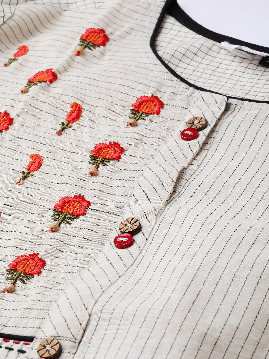 Cream-Coloured & Black Self-Striped Straight Kurta