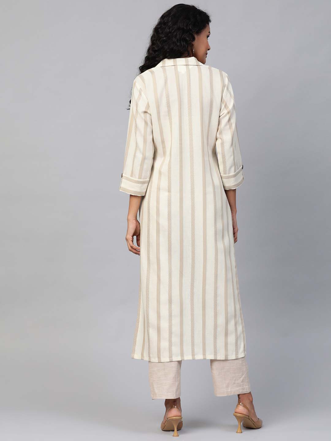 Women Cream-Coloured & Taupe Striped Straight Sustainable Kurta