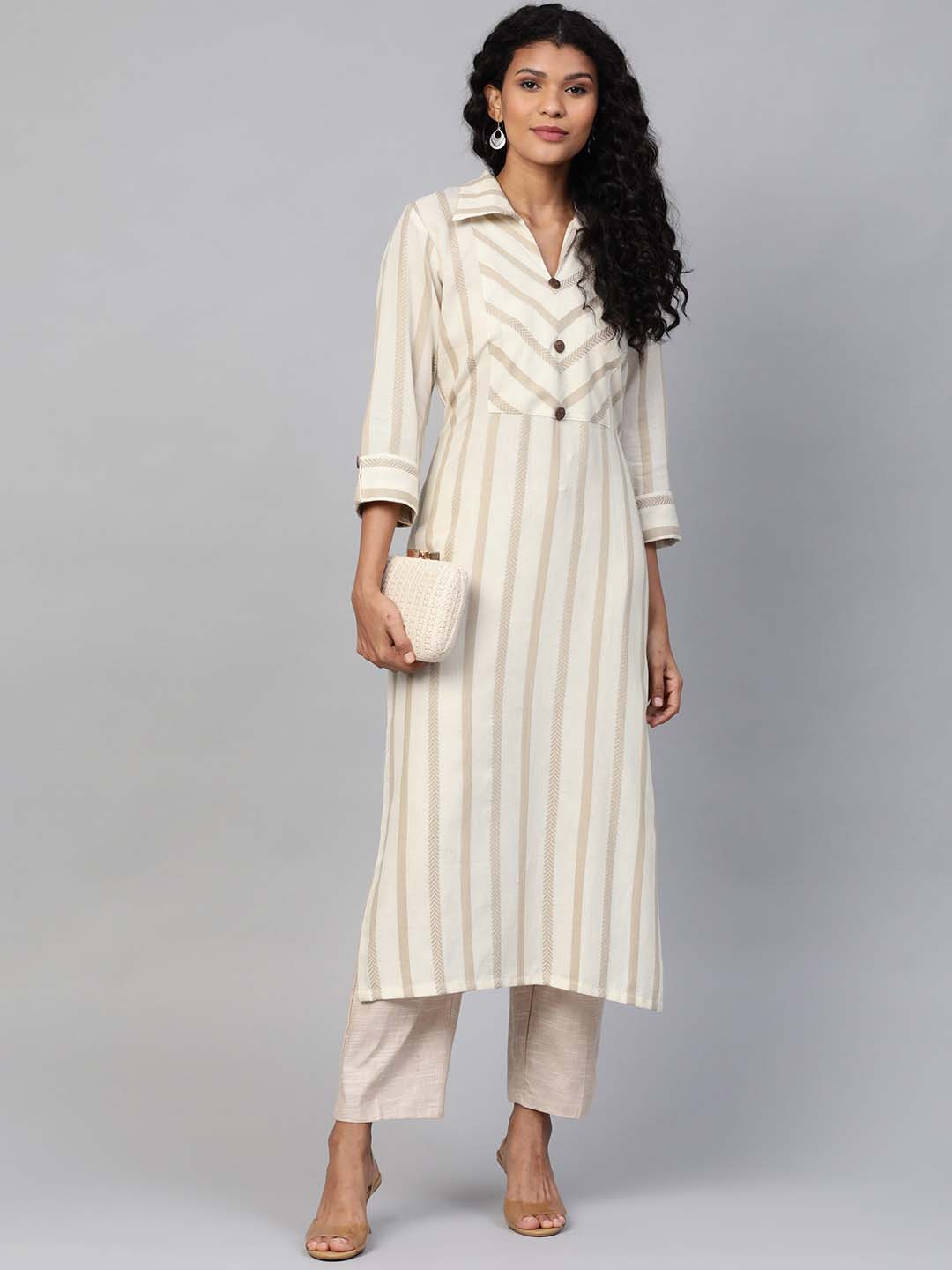 Women Cream-Coloured & Taupe Striped Straight Sustainable Kurta