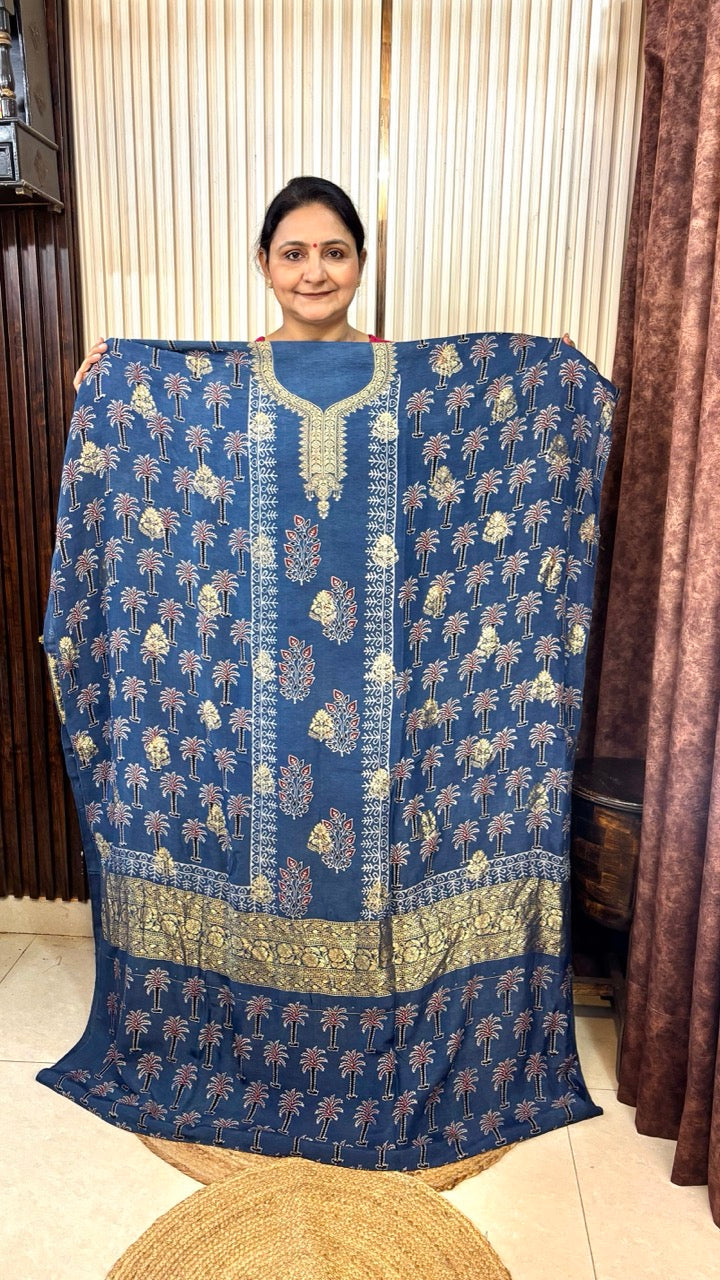 Banarasi Dola Silk Indigo Ajrakh handblock printed Kurta With Dupatta - Set of 2