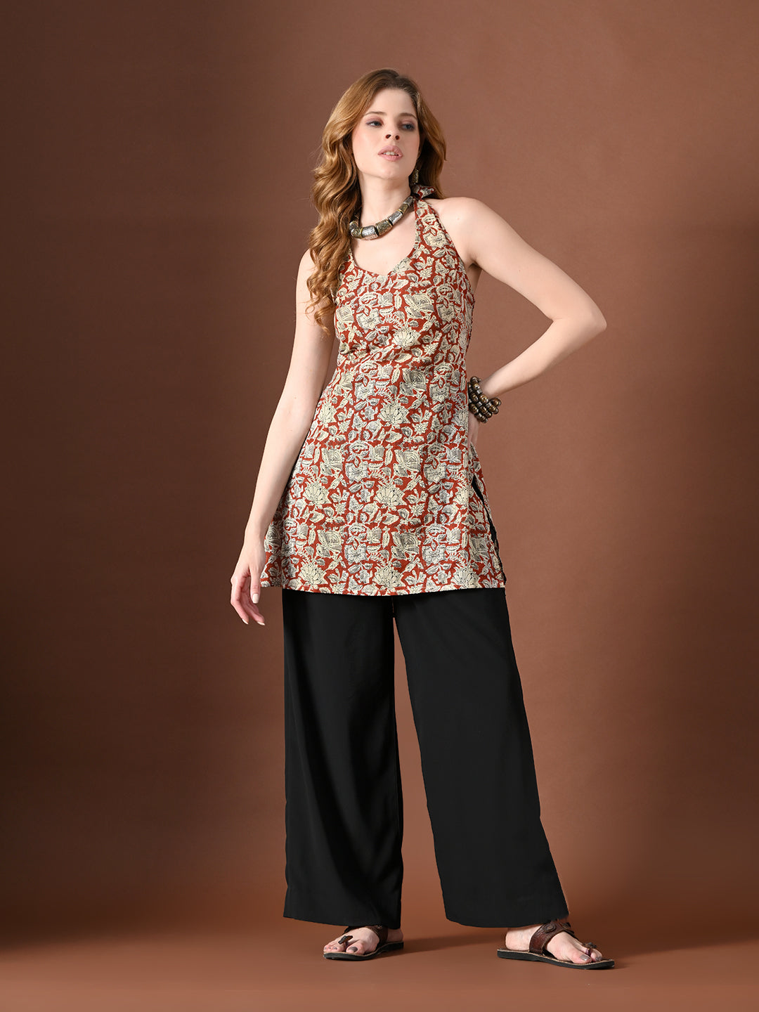 Women Botanical Printed Halter Neck Pure Cotton Kurti