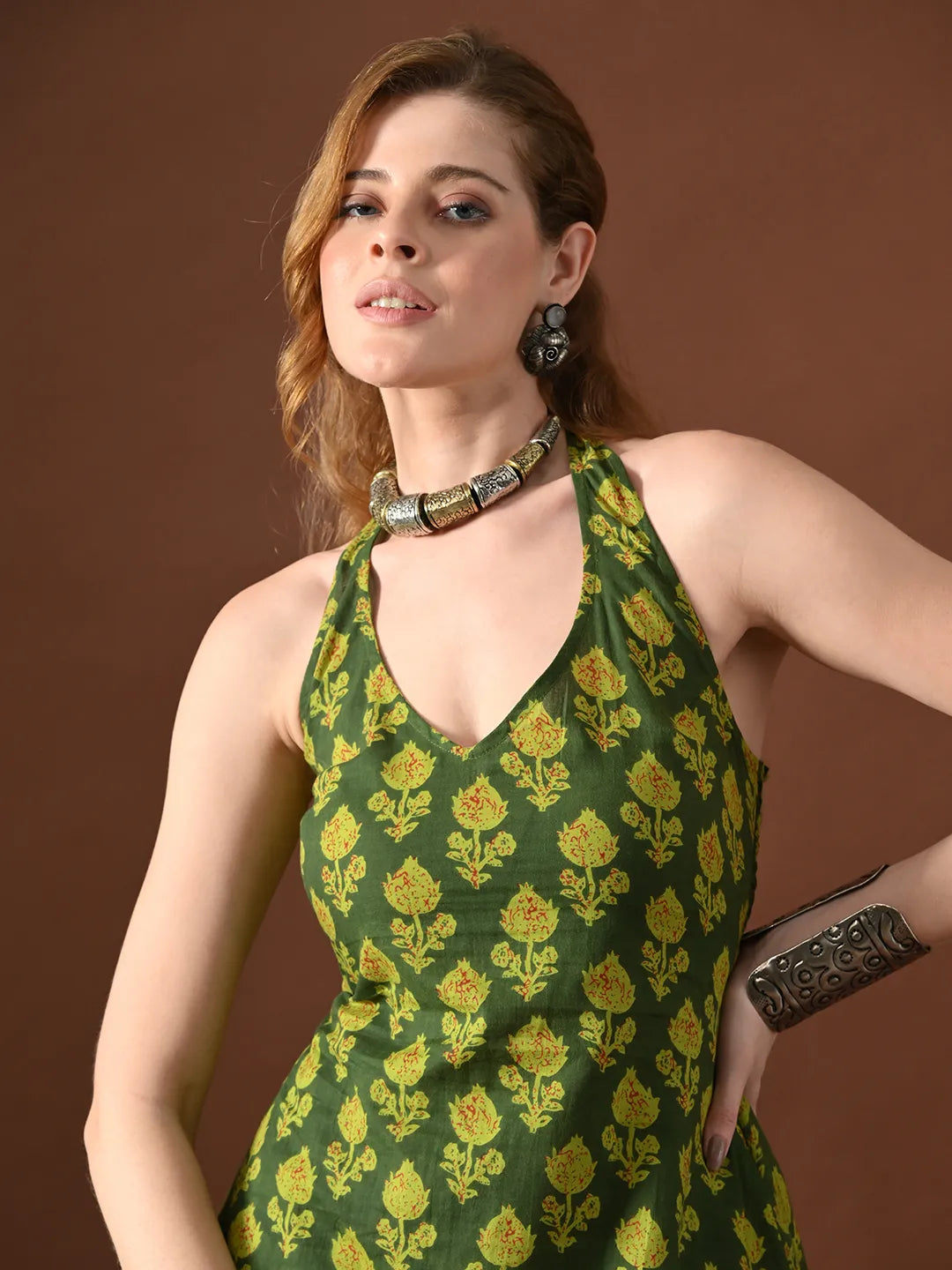 Women Nimra Halter Neck Backless Kurti With Smocking Details